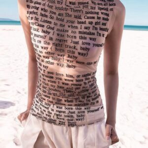Letter Print Sheer Mesh Sleeveless Crew Neck Slim Blouse