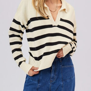 Striped Wool Collar V-Neck Sweater