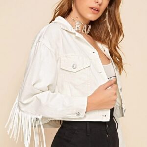Casual White Fringe Denim Jacket