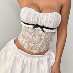 Sheer Lace Insert Boned Corset Crop Top Sexy Blouse
