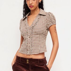 Plaid Ruffled Tie Lapel Slim Blouse