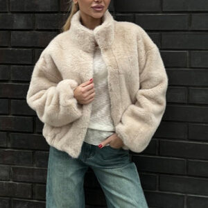 Stand Collar Faux Fur Cropped Jacket