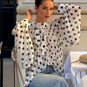 Polka Dot Tie Sheer Lantern Sleeve Blouse